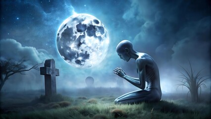 Wall Mural - A solitary alien kneels, bathed in the silver glow of the moon, its head bowed in solemn contemplation beside a freshly dug  generative AI