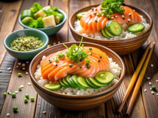 Wall Mural - Vibrant sushi bowls filled with succulent salmon, creamy avocado, pickled ginger, and wasabi, garnished with sesame seeds and fresh green onions on a wooden background.