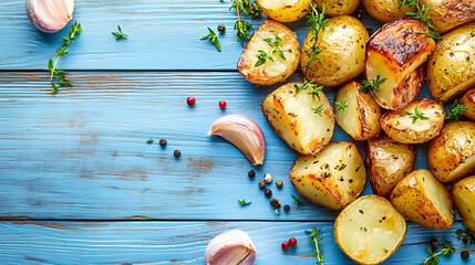 Canvas Print - Flat lay of garlic and thyme infused roasted potatoes on blue wooden surface