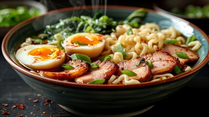 Poster - Zoom in on a bowl of steaming ramen noodles, highlighting the rich broth, tender slices of pork, and perfectly cooked