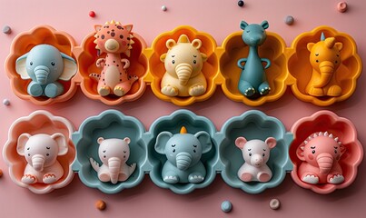 colorful children s dining set with dinosaur,elephant shaped plates on a pink background.