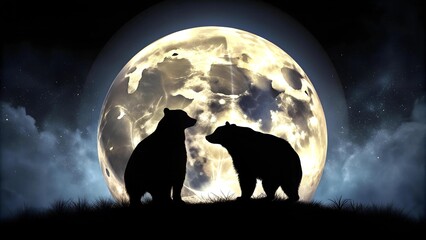 Wall Mural - silhouetted bears against a full moon ai generated