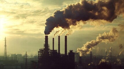 Poster - Close-up of smoke billowing from a factory chimney, with industrial structures in the background, symbolizing pollution and environmental concerns.