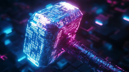 Wall Mural - A futuristic hammer made of glass with glowing blue and pink lights, against a dark background.