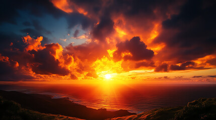 Stunning sunset over the ocean with vibrant orange and purple clouds creating a dramatic sky, casting a warm glow on the tranquil water below.