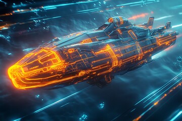 A futuristic spaceship with glowing orange lines is flying through a blue space with streaks of light.