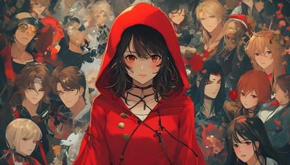 A girl wearing a red hoodie stood with five young people under the lights of the night market. The atmosphere was mysterious and dark.