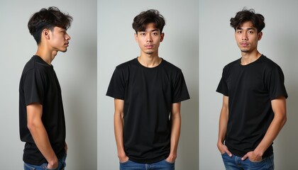 Young Man in Black T-Shirt Posed from Multiple Angles.