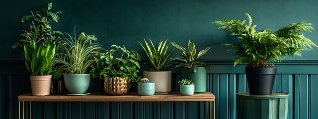 A variety of potted plants on wooden tables against an emerald green wall, creating a vibrant and fresh indoor garden setting with an abundance of plant life