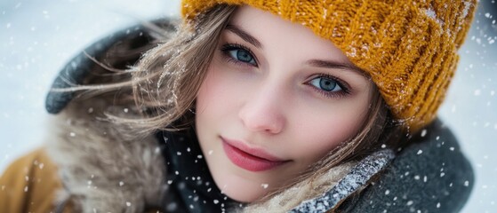 Poster - Close-up portrait of a young woman wearing a yellow beanie in the snow.