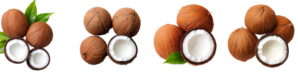 Canvas Print - Fresh Whole & Half Coconut with Leaf Isolated on White Background