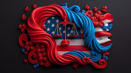 Wall Mural - A stylized illustration of the U.S. flag intertwined with symbols of justice and liberty, creating a dynamic composition 