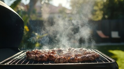 Wall Mural - Smoke rising from a barbecue grill filled with sizzling meat, with the smoky aroma wafting through a sunny backyard during a family gathering.