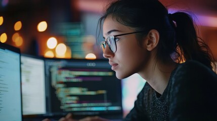Young woman coding on multiple screens at night in tech workspace with bokeh background