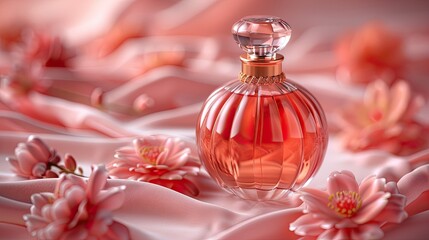 bottle of perfume mockup with satin cloth on peach fuzz background.