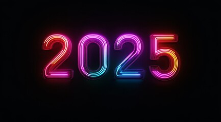 Wall Mural - A mesmerizing neon representation of the upcoming year 2025, featuring an array of bright colors on a dark background