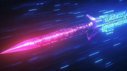 A neon pink and blue arrow with binary code flies through a field of blue lines in a futuristic cyberspace landscape.