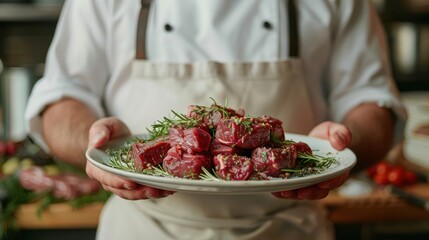 Wall Mural - fresh raw meat. Chef holding fresh raw meat on plate with blur background