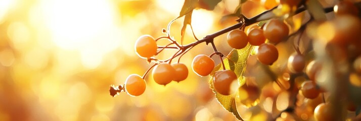 Wall Mural - A branch laden with golden berries basks in the warm glow of the autumn sun, symbolizing harvest, abundance, warmth, and the beauty of nature.