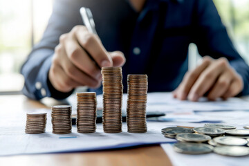 A business person analyzing financial growth with stacked coins and documents, representing investment and financial success.