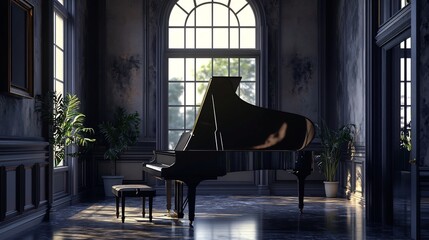 Black shiny grand piano with white keyboard in dark tone
