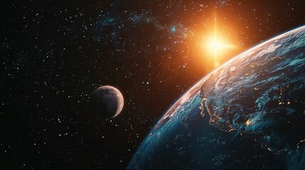 Wall Mural - Earth and Moon in Space with a Bright Sun
