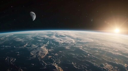 Wall Mural - Earth from Space with Crescent Moon and Rising Sun