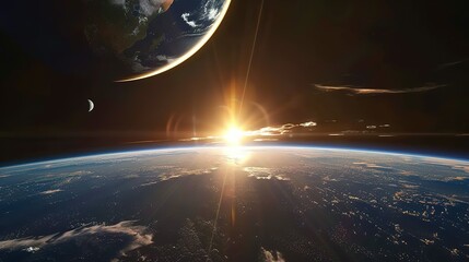 Wall Mural - Sunrise Over Earth from Space with Crescent Moon and a Distant Planet