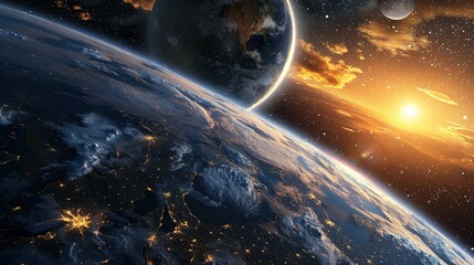 Wall Mural - Earth at Night with a Distant Planet and Sun