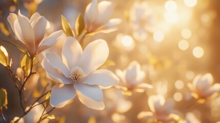 Canvas Print - A close-up shot of delicate magnolia blossoms bathed in the warm glow of sunlight, symbolizing new beginnings, springtime beauty, natural elegance, hope, and renewal.