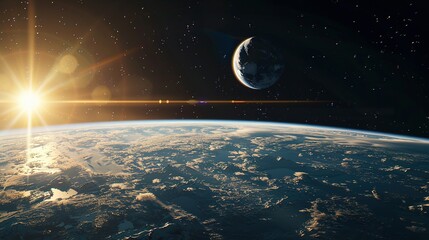 Wall Mural - Earth from Space with Sun Glowing and a Crescent Moon in the Distance