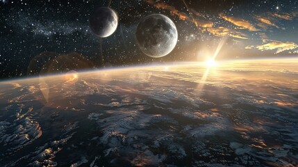 Wall Mural - A Planetary Dawn with Two Moons and a Starry Sky