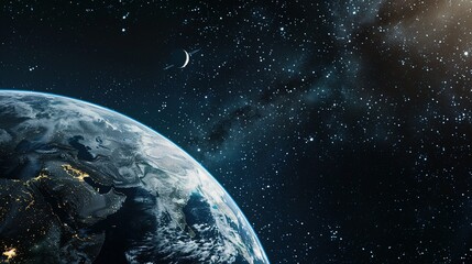 Wall Mural - Earth and a crescent moon with rings viewed from space
