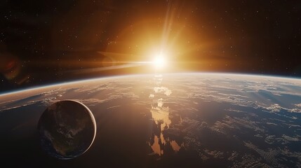 Wall Mural - Earthrise with Sun Rays Illuminating the Atmosphere and a Small Planet