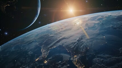 Wall Mural - Earth's Surface with Glowing City Lights and a Distant Planet