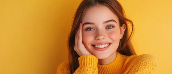 Poster - Portrait of a Smiling Woman with Long Brown Hair Wearing a Yellow Sweater