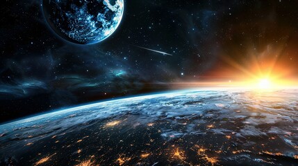 Wall Mural - A celestial sunrise over a distant planet with a nebula and a shooting star
