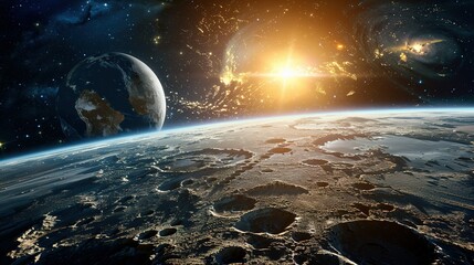 Wall Mural - A View of a Cratered Planet with a Sun and Another Planet in the Distance