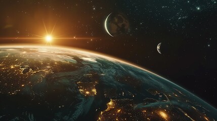 Wall Mural - Earth from Space with Sun Rising and Moon in View
