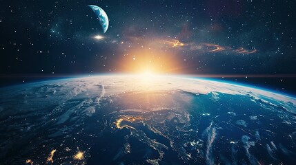 Wall Mural - Earthrise Over a Starry Night with a Crescent Moon