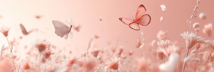 Canvas Print - A field of delicate pink flowers with butterflies fluttering, symbolizing hope, peace, nature, beauty, and freedom.