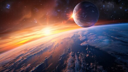 Wall Mural - A celestial sunrise with a planet in the foreground