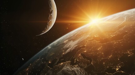 Wall Mural - Earth at Sunset with City Lights and a Crescent Moon