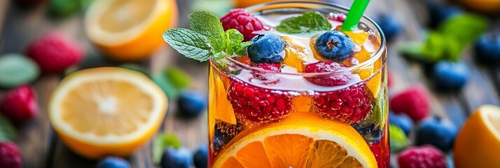 Poster - A glass of summer fruit cocktail with orange slices, raspberries, blueberries, and mint. The drink is refreshing and perfect for a hot day.