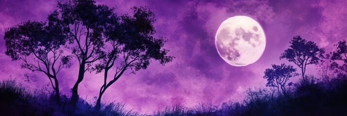 Wall Mural - A mesmerizing full moon illuminates a purple night sky, casting long shadows from silhouette trees, evoking a sense of serenity and mystery.