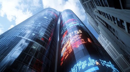 Canvas Print - A modern cityscape with towering skyscrapers, one of which is adorned with illuminated displays showcasing dynamic stock market data. The image conveys concepts of finance, technology