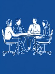 Poster - A minimalist illustration of four business professionals engaged in a discussion around a table.  The image symbolizes teamwork, collaboration, strategy, communication, and professional development.