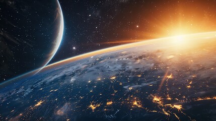 Wall Mural - Earth's Horizon at Sunrise with a Distant Planet