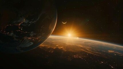 Wall Mural - Earthrise over a planet with a crescent moon and sunrise