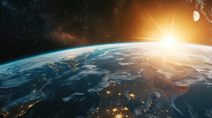 Wall Mural - Sunrise Over Earth with a Crescent Moon in the Dark Expanse of Space